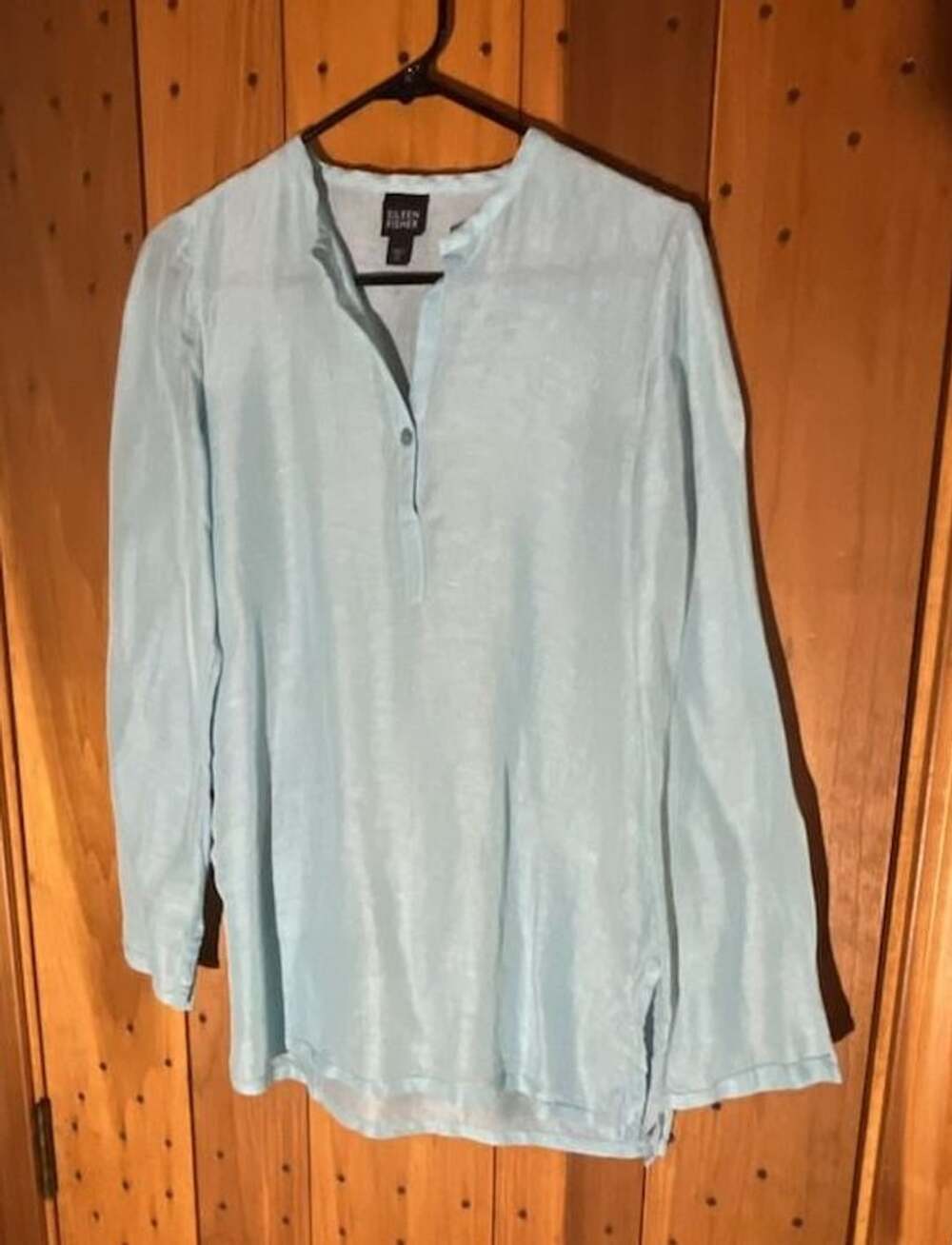 Eileen Fisher Organic Linen Gauze Mandarin Collar Tunic Top Light Blue Size XS